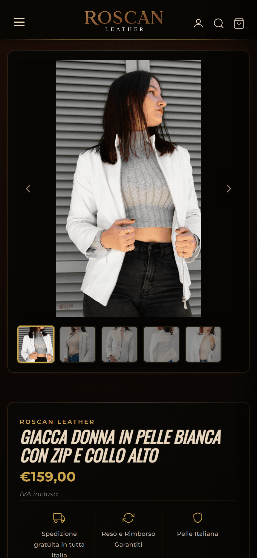 Anteprima mobile di un sito e-commerce fashion premium realizzato da Roscan Studio